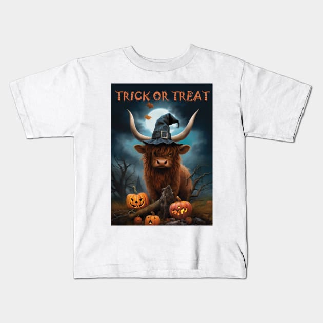 Trick Or treat - Highland Cow Kids T-Shirt by TooplesArt